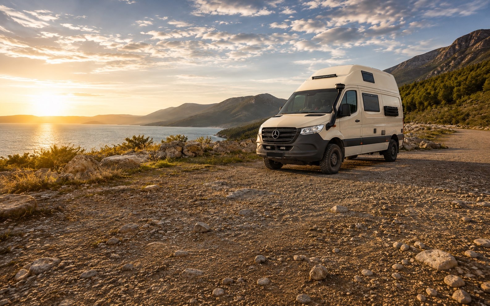 HRX Reisemobil bei Sonnenuntergang an der Küste